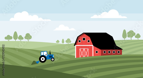 A charming rural farm landscape depicting a classic red barn and a blue tractor cultivating crops across lush green rolling fields under a bright blue sky, vector illustration.