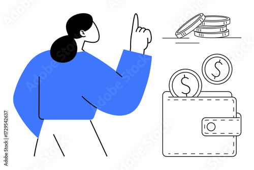 Confident woman pointing upward near wallet, coins, and dollar symbols. Ideal for finance, budgeting, economy, savings, investment wealth management personal growth. Simple flat metaphor