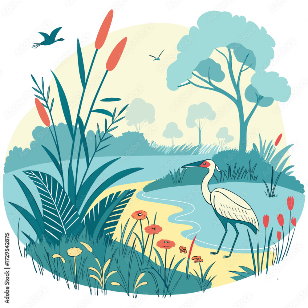 Naklejka premium Vector illustrations of birds and nature scenes, including a tropical island, floral elements, and a bird in the park