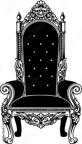 Royal Throne in Black and White: Ornate illustration of a regal throne set on a white background.
