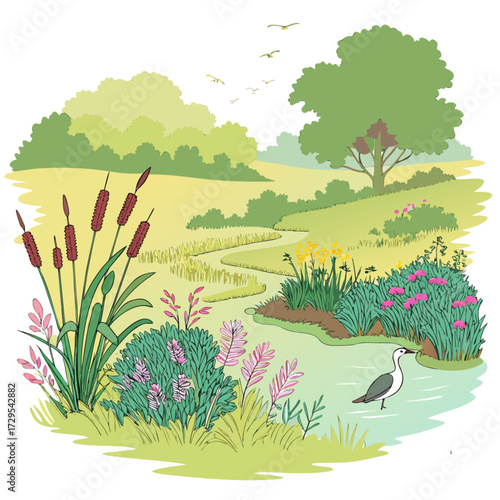 Spring forest landscape illustration with green trees, grass, and colorful flowers under a bright blue sky
