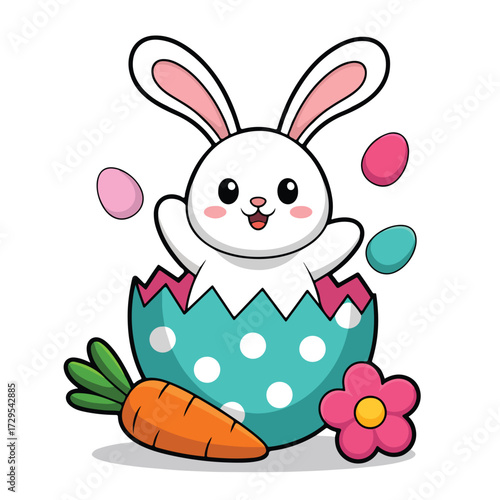Cute easter bunny emerging from a decorated egg with carrot and flower