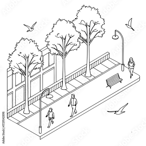 An illustration of an architectural design for a city apartment building set within an urban landscape with trees