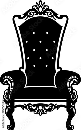 Royal Throne in Black and White: Ornate illustration of a regal throne set on a white background.
