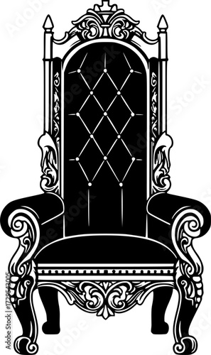 Royal Throne in Black and White: Ornate illustration of a regal throne set on a white background.
