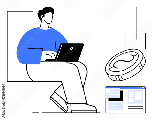 Individual seated with a laptop engaging in online work, accompanied by floating coin and web elements. Ideal for technology, finance, e-commerce, remote work, innovation, investment, and workflow
