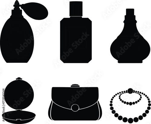 Fashion silhouette icons, perfume bottle, makeup compact, clutch purse, necklace, bracelet, beauty accessories, cosmetic design, vector illustration, elegance, style