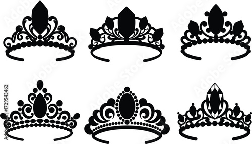 Elegant ornate tiara silhouette, luxury crown vector, royal jewelry design, decorative princess headpiece, black fashion accessory illustration, wedding queen symbol