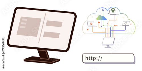 Desktop monitor with interface layout, cloud network with device connections, and web address bar. Ideal for technology, cloud computing, networking, internet, web development, online access digital