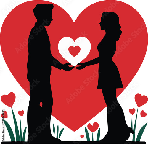 Silhouettes of a couple holding hands against a large heart background