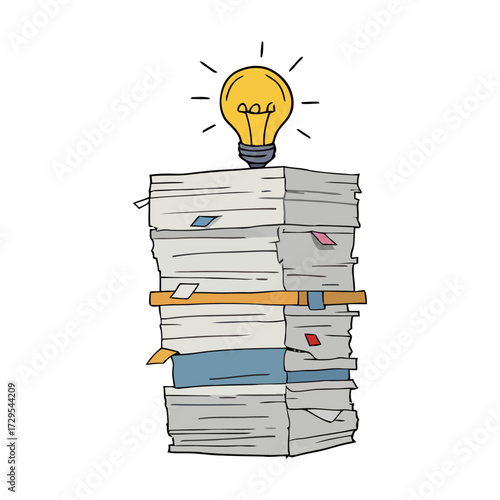 Concept of Innovation Light Bulb Illuminating Pile of Papers, Illustrating Ideas and Problem Solving