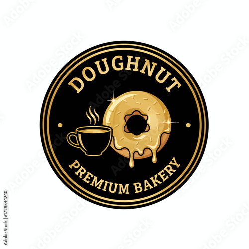 Elegant vector logo with golden glazed doughnut and coffee in black and gold circular badge with bold lettering.