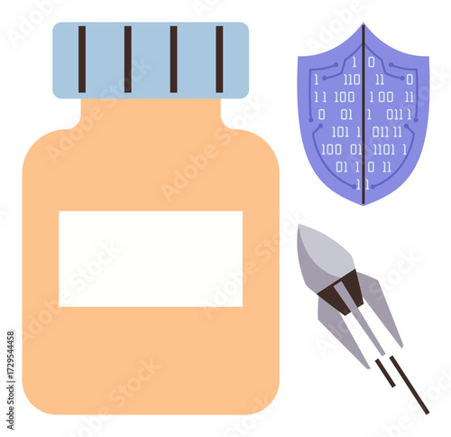 Medicine bottle next to shield with binary code and syringe-shaped rocket emphasizes healthcare innovation. Ideal for cybersecurity, digital safety, medicine, technology, futuristic concepts