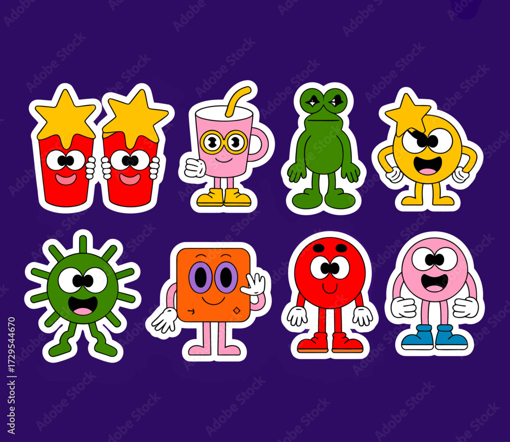 Naklejka premium A collection of eight cartoon characters with a retro, groovy aesthetic, set against a dark purple background.