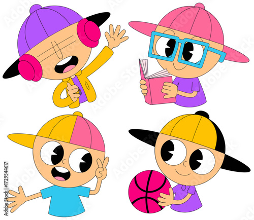 Four cartoon characters with large eyes and baseball caps engaged in various activities like waving, reading, making a peace sign, and playing basketball.