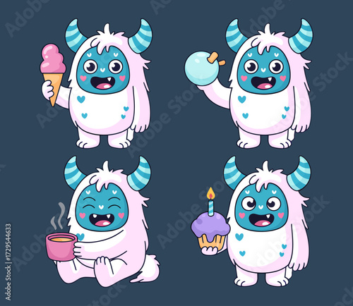 A collection of four cute, fluffy yeti cartoon characters enjoying treats and activities like ice cream, bubbles, a hot drink, and a birthday cupcake.