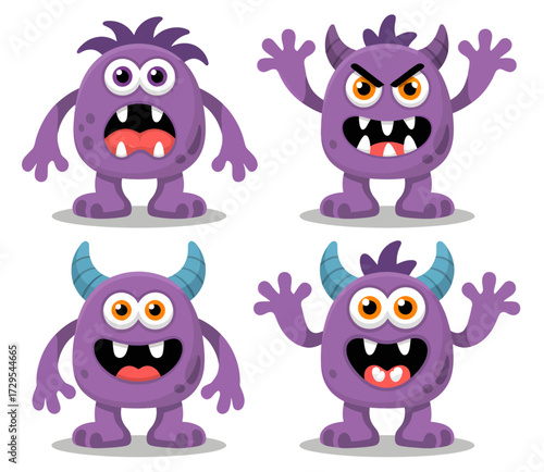A collection of four cute purple cartoon monsters showing various emotions like happiness, anger, and surprise on a white background.