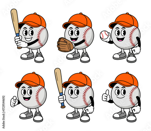 A set of six cartoon baseball characters in various poses, each holding a bat, glove, or ball, and wearing an orange cap.