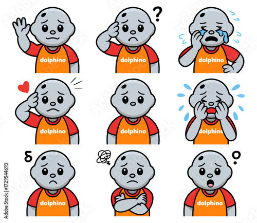 Grey dolphin mascot character displaying a range of negative emotions and confused states in nine different poses.
