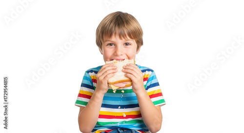 Happy young boy eating a sandwich isolated on transparent background