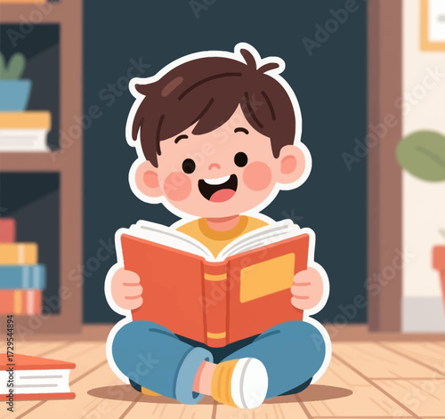 Cute cartoon boy sitting cross-legged on the floor, happily reading a storybook. Concept of early education, literacy, and childhood development