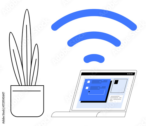 Open laptop with on-screen content, blue wireless symbol above, and a minimalist potted plant. Ideal for connectivity, technology, remote work, online communication, productivity, digital learning