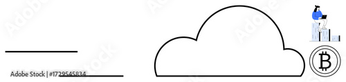 Large cloud outline with cryptocurrency Bitcoin icon and person analyzing graphs. Ideal for fintech, blockchain, data storage, data security, cloud computing, digital finances, network solutions