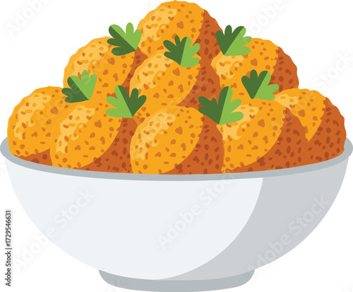 Crispy falafel balls arranged in a small bowl, topped with fresh green garnish, perfect for Middle Eastern food concepts and healthy eating themes