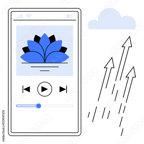 Smartphone displaying meditation app with floral logo, media controls, sound bar. Adjacent arrows indicate progress, growth, and aspiration. Ideal for wellness, focus, mindfulness growth