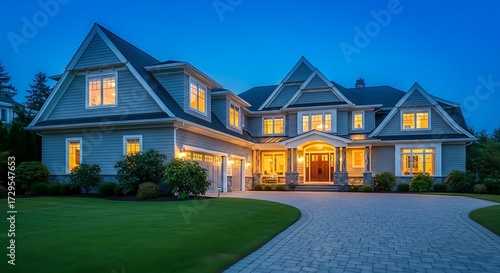 Beautiful luxury home exterior with glowing windows at twilight