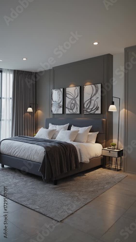 Modern bedroom with gray walls and stylish decor elements  