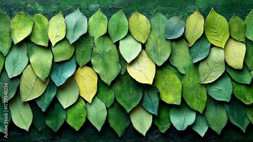 A close-up view of a textured wall, densely populated with various shades of green leaves, creating a natural and tranquil scene.