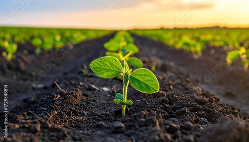 Young soybean sprouts emerging from fertile soil at sunset
