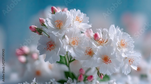 Luminous White Jasmine Flowers with Pink Buds on Soft Blue Background Detailed Macro Shot