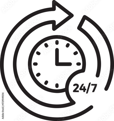 Circular arrows surround a clock face with '24/7' displayed, symbolizing constant availability and time.