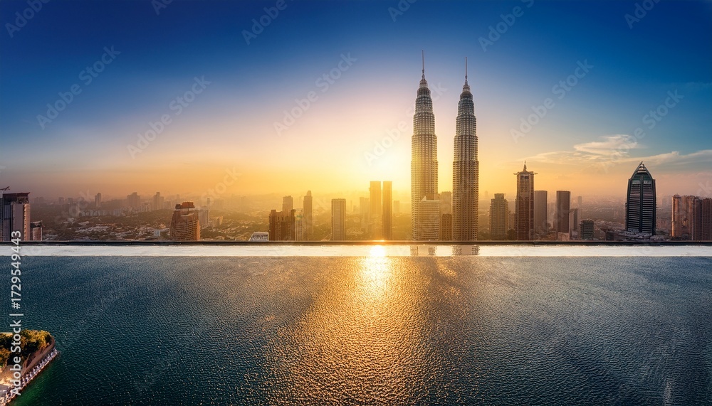 Obraz premium skyline features iconic twin towers at sunrise symbolizing resi