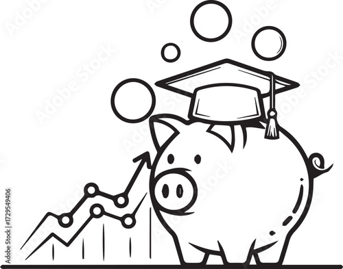 Piggy bank wearing graduation cap with rising financial graph symbolizes education savings and investment growth.