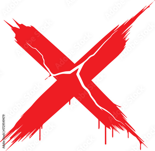 Bold red cross symbol with a cracked texture and dripping paint effect, symbolizing error or negation