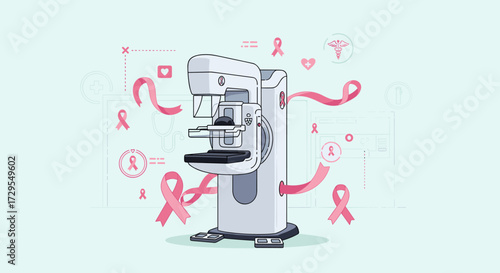 Mammography machine with pink ribbons for breast cancer awareness