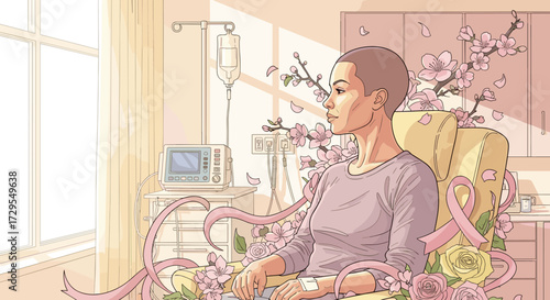 Woman looking out window surrounded by flowers and soft light
