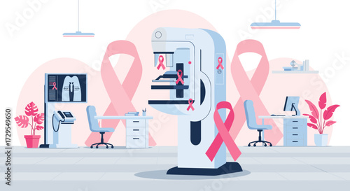 Mammography machine in a clinic with pink ribbons for breast cancer awareness