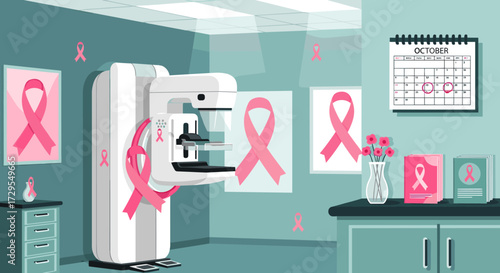 Mammography machine in a room decorated with pink ribbons for breast cancer awareness