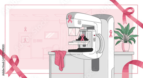 Mammography machine and pink ribbons symbolizing breast cancer awareness and screening