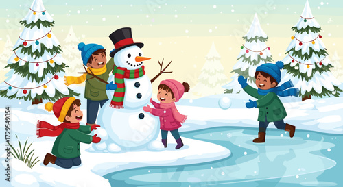 Children happily building a snowman in a snowy winter landscape