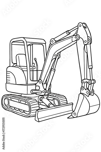 Compact excavator line art illustration for coloring book page