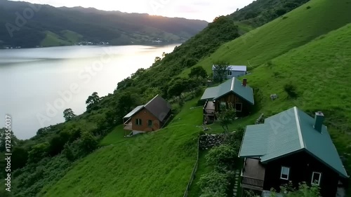 Scenic aerial view of wooden cabins nestled on a lush hillside overlooking a calm lake at sunset
