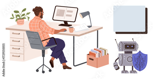 Person at desk focused on computer work with books, potted plant, and lamp. Robot with shield symbolizes technology and cybersecurity. Ideal for tech, AI, business, security, education productivity
