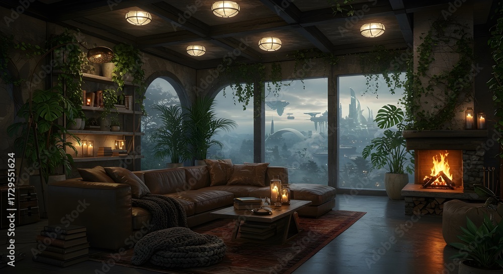 Fototapeta premium Luxurious indoor lounge with large windows and stylish furniture overlooking a cityscape.