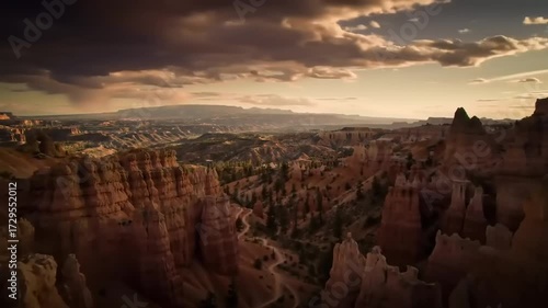 Scenic canyon landscape at sunset with dramatic sky and eroded rock formations