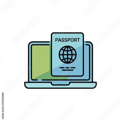 Online passport application concept showing a passport on a laptop screen for travel preparation